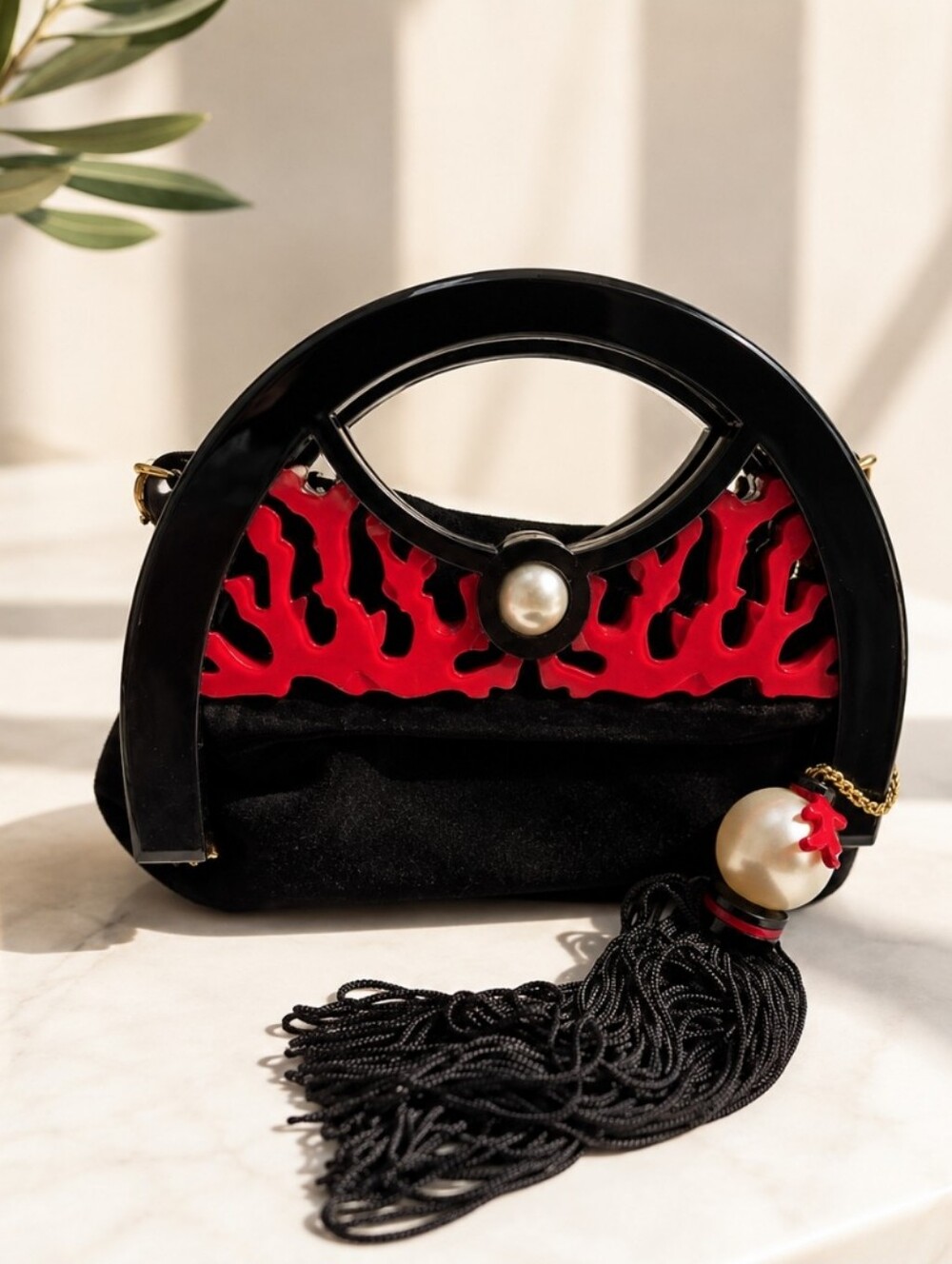 Black & Red Flame Accent Evening Bag with Pearl Tassel - Brasil